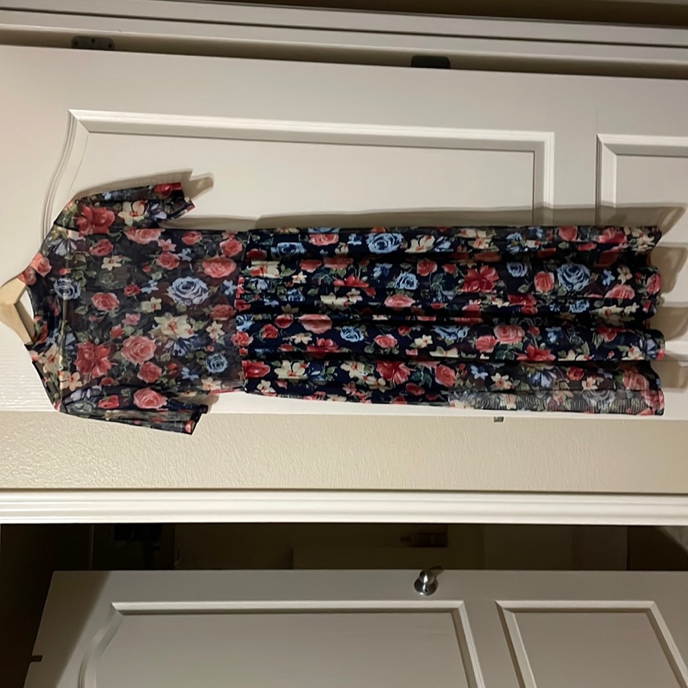 POTTERS POT Women Medium Sheer Floral Maxi Midi Dress Blue Mock Neck